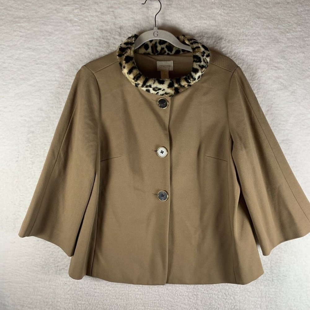 Chico's‎ Swing Jacket Women's 1 Tan Faux Fur Leopard Collar Front Button 7753